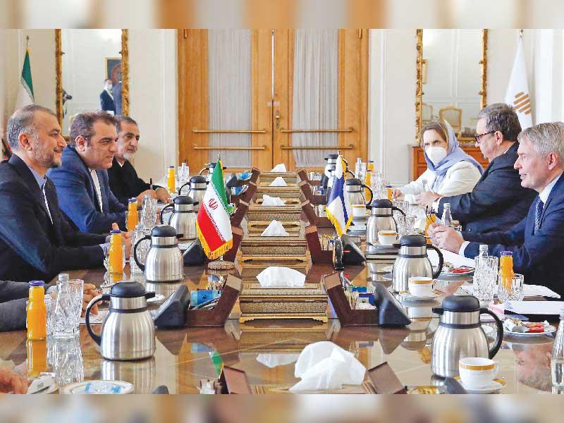 عبداللهيان ونظيره الفنلندي خلال مباحثات في طهران أمس (أ ف ب)