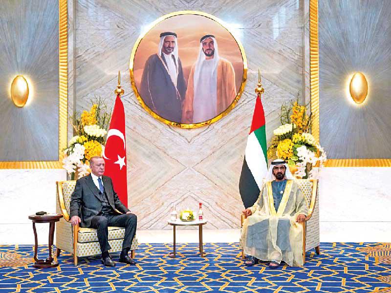 جلسة مباحثات جمعت حاكم دبي رئيس الحكومة الاتحادية الشيخ محمد بن راشد آل مكتوم والرئيس التركي رجب طيب إردوغان أمس
