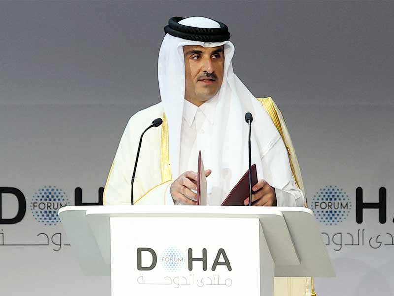 أمير قطر تميم بن حمد آل ثاني خلال كلمة بافتتاح مؤتمر في الدوحة