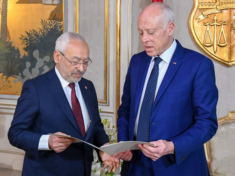 رئيس الدولة قيس سعيّد وزعيم حركة النهضة، راشد الغنوشي