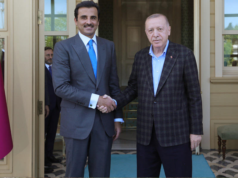 الرئيس التركي رجب طيب أردوغان يصافح أمير قطر الشيخ تميم بن حمد آل ثاني في العاصمة التركية اسطنبول