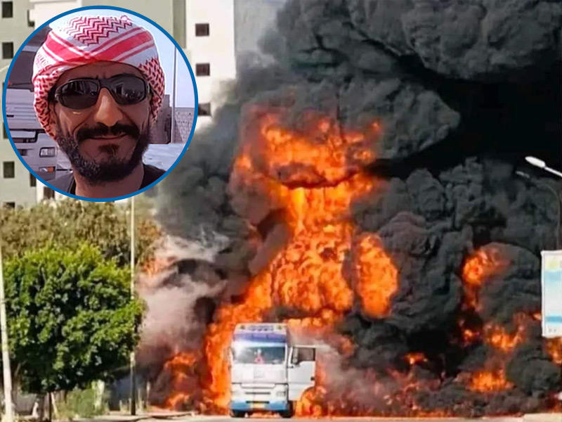 شاحنة اشتعلت فيها النيران لدى إفراغها الوقود داخل إحدى المحطات في مدينة بنغازي و في الاطار سائق الشاحنة 