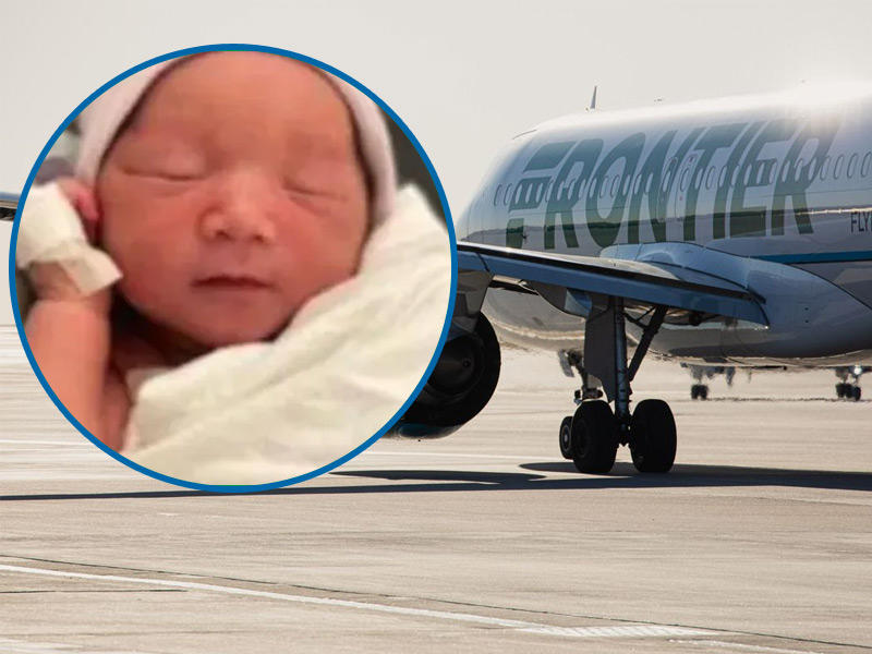 طائرة تابعة لشركة فرونتير إيرلاينز (Frontier Airlines) الأميركية للطيران وفي الاطار صورة المولود