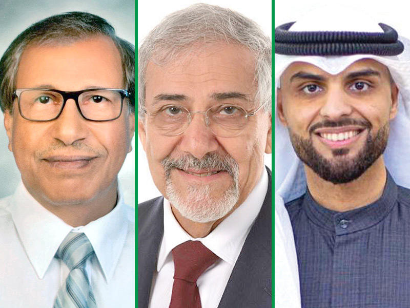 مدير التسويق والعلاقات العامة لمجموعة أرزان المالية فواز المنيع ورئيس مجلس إدارة جمعية الهلال الأحمر الكويتي د. هلال الساير والأمين العام لجمعية القلب الكويتية د. راشد العويش