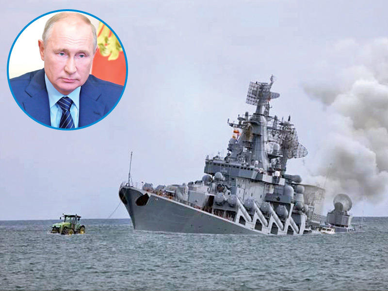 الطراد الروسي الغارق «موسكفا» في البحر الأسود وفي الإطار فلاديمير بوتين