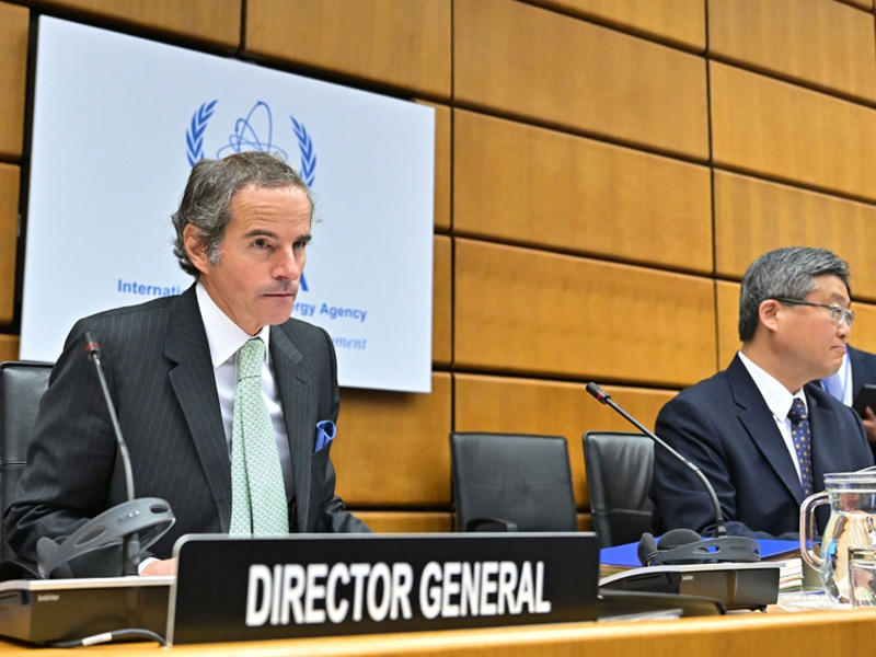  مدير وكالة الطاقة الذرية رافائيل غروسي خلال كلمة افتتاحية أمام مجلس الوكالة الدولية في فيينا (أ ف ب)