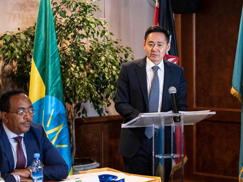 المبعوث الصيني الخاص بالقرن الأفريقي شيويه بينغ  متحدثاً خلال مؤتمر السلام الأول في العاصمة الأثيوبية أديس أبابا n