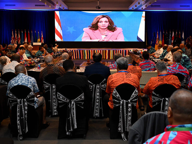 هاريس تخاطب منتدى جزر الهادئ عبر  الفيديو أمس (أ ف ب)