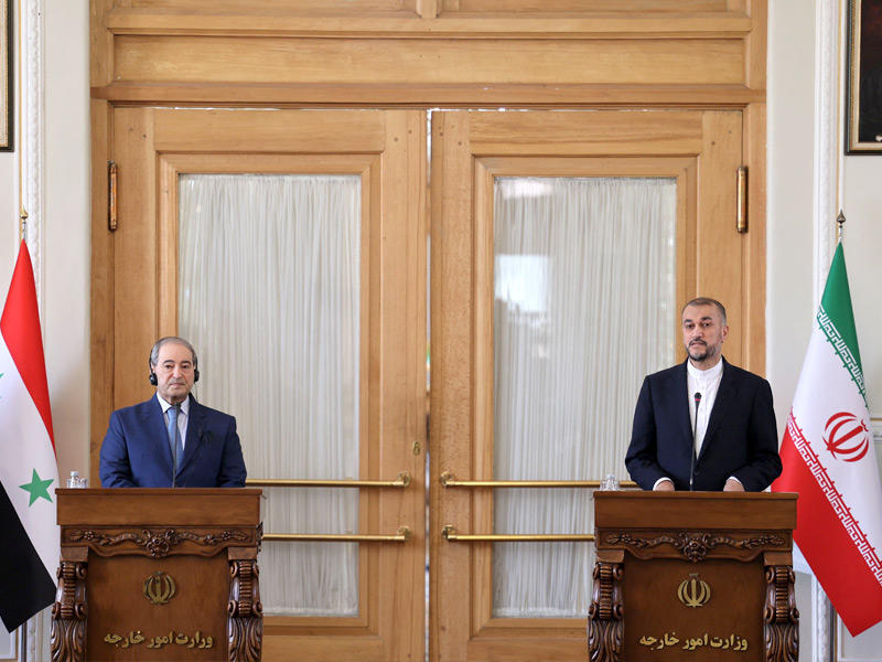 عبداللهيان والمقداد خلال مؤتمر مشترك في طهران  (أ ف ب)