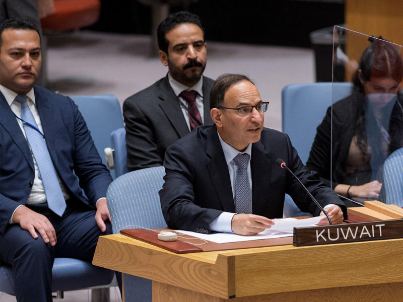 مندوب الكويت الدائم لدى الأمم المتحدة السفير منصور العتيبي خلال القاء كلمته