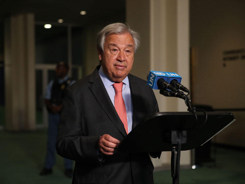 الأمين العام للأمم المتحدة أنطونيو غوتيريش يتحدث إلى وسائل الإعلام في بداية المراجعة السنوية العاشرة لمعاهدة عدم انتشار الأسلحة النووية 
