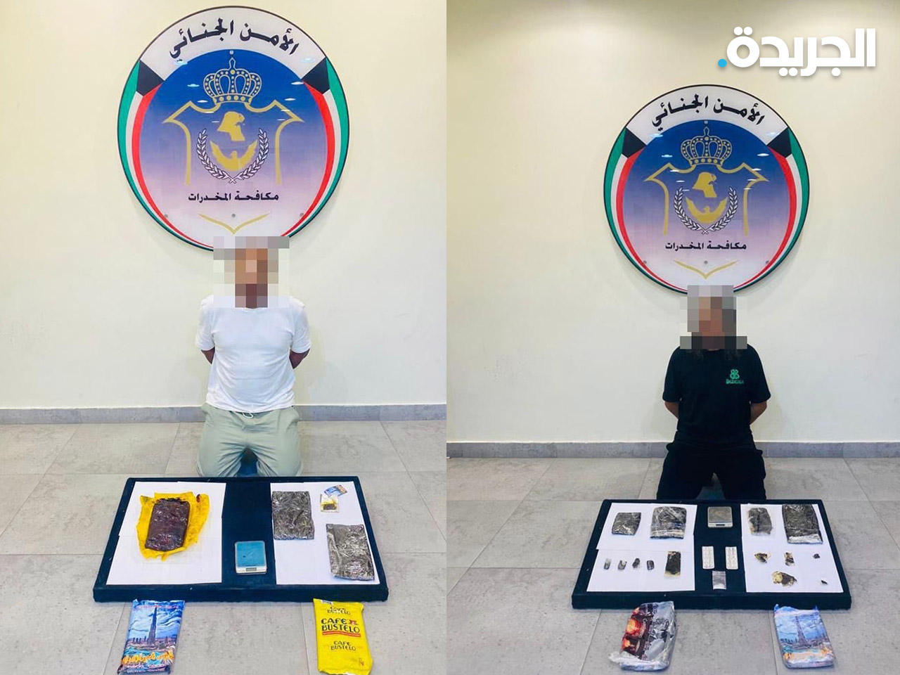 المتهمان وأمامهما المضبوطات