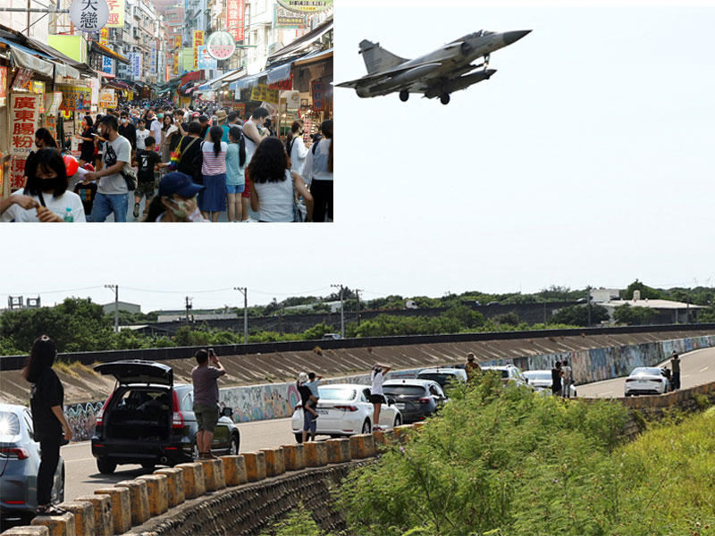تايوانيون يراقبون مقاتلة تقلع من قاعدة هزينشو، وفي الإطار آخرون يتسوقون بالعاصمة تايبيه أمس (رويترز)