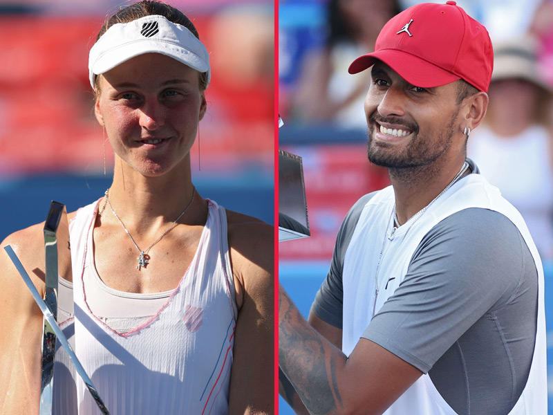 الأسترالي نيك كيريوس يحمل كأس البطولة - سامسونوفا تحتفل بالفوز