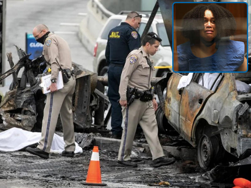 الحادث المروري الذي وثّقته كاميرات المراقبة بمدينة لوس أنجلس وفي الاطار الممرضة نيكول لينتون 