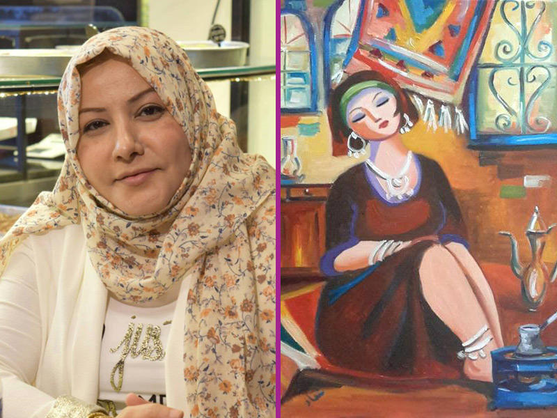 الفنانة العراقية شفاء هادي وأحد لوحاتها