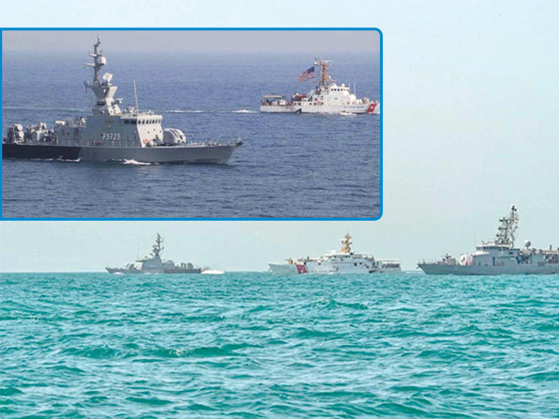 القطع البحرية الكويتية والعراقية والأميركية خلال التمرين و في الاطار جانب من التمرين المشترك
