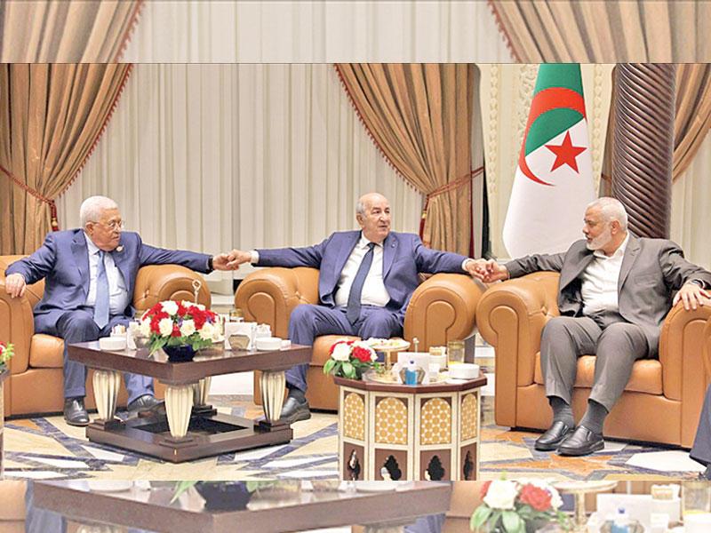 رئيس دولة فلسطين محمود عباس ورئيس المكتب السياسي لحركة حماس الدكتور إسماعيل هنية والرئيس عبدالمجيد تبون