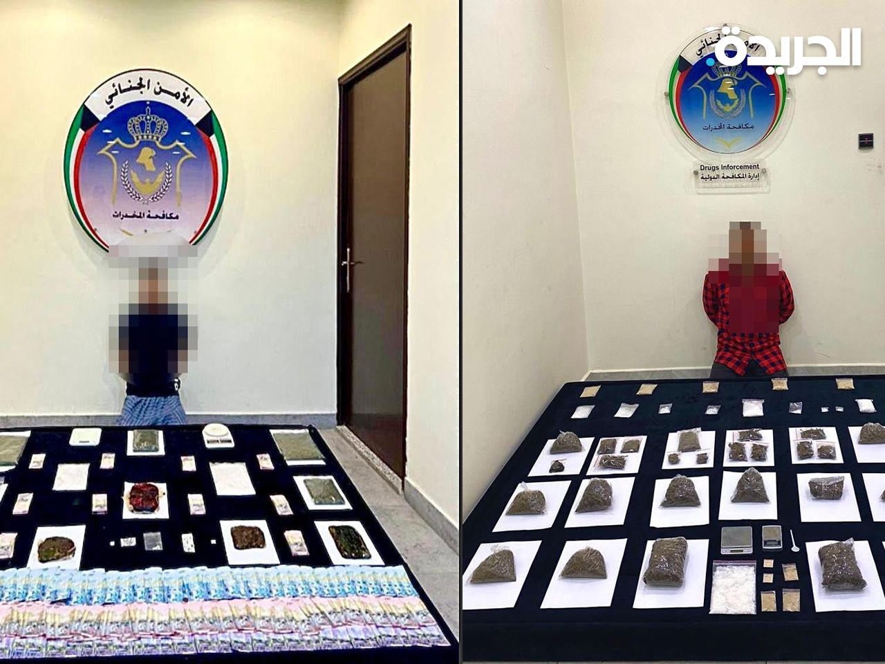 المتهمان وأمامهما المضبوطات