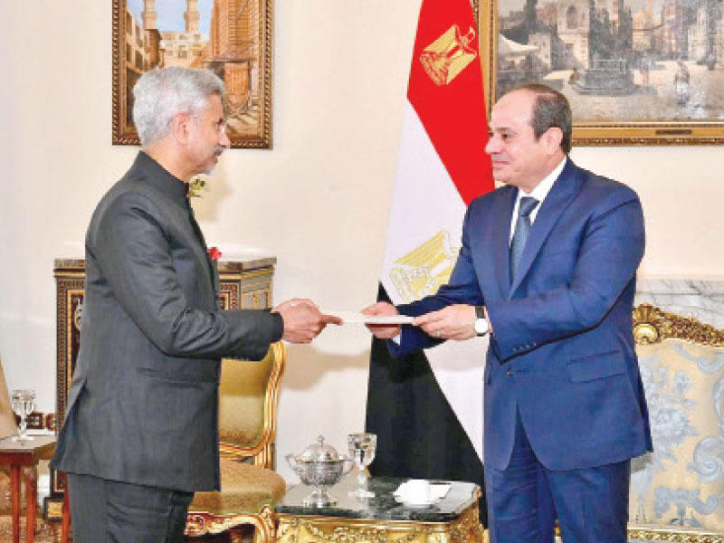 السيسي مستقبلاً وزير خارجية الهند في القاهرة أمس (رئاسة الجمهورية)