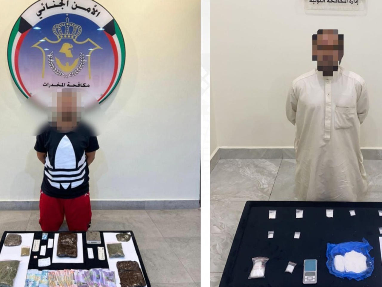 المتهمان وأمامهما المضبوطات