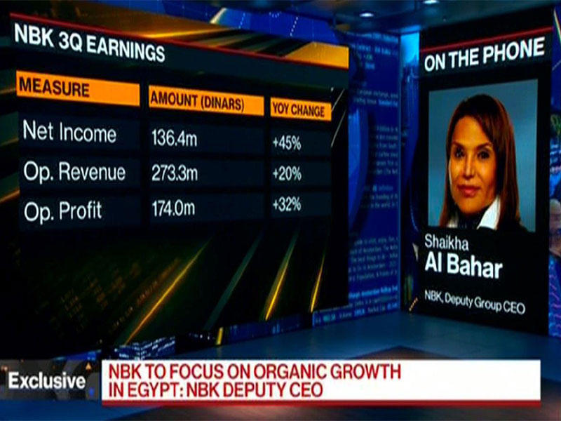 نائبة الرئيس التنفيذي لمجموعة بنك الكويت الوطني شيخة البحر خلال المقابلة مع «بلومبيرغ»